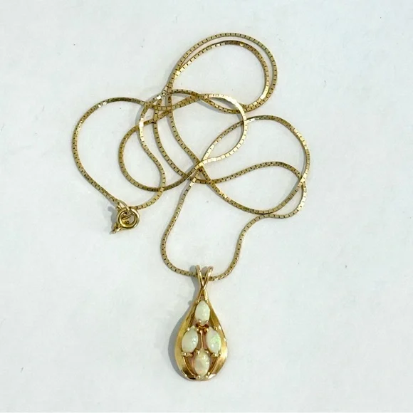 14k Plumb Yellow Gold Estate Multi Marquise Cut Fire Opal Pendant & Chain 18”